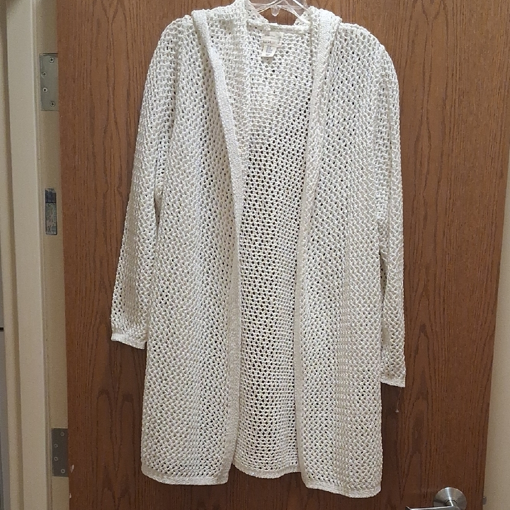 White Open-Knit Hooded Sweater